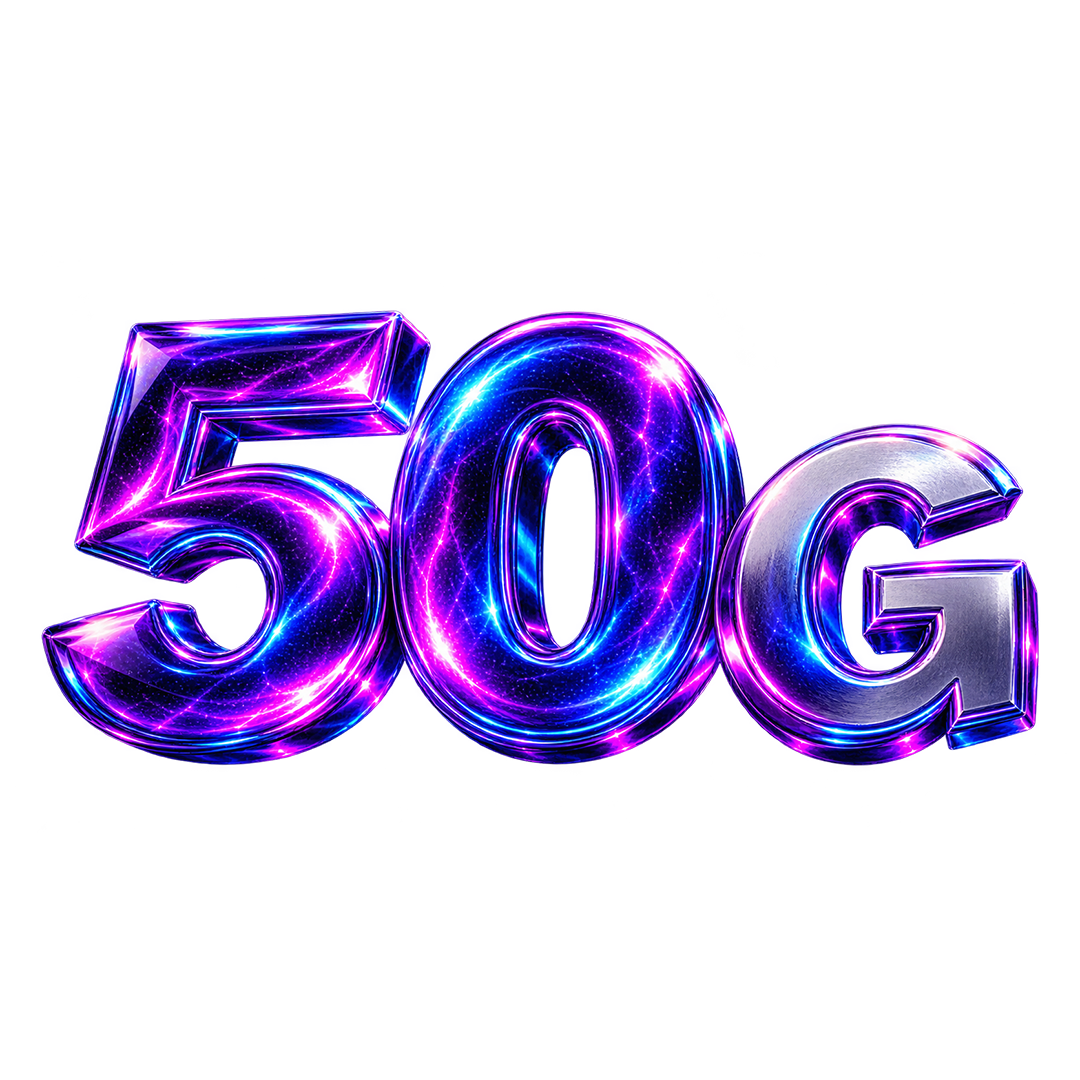 50 g en lettres lumineuses violettes et bleues