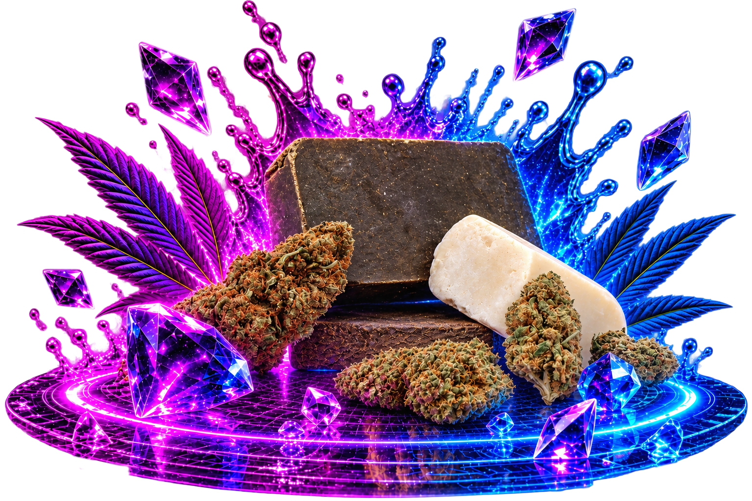 Fleurs et résine de CBD entourées de cristaux et de lumières violettes